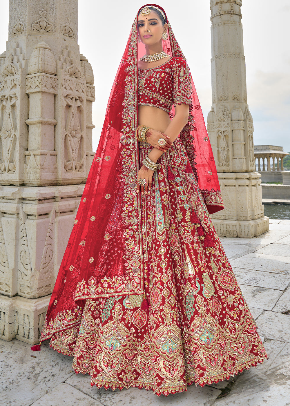 Red Silk Gotta Patti & Hand Work using Bridal Motif Embroidered Bridal Semi Stitched Lehenga with Single Red Color Dupatta