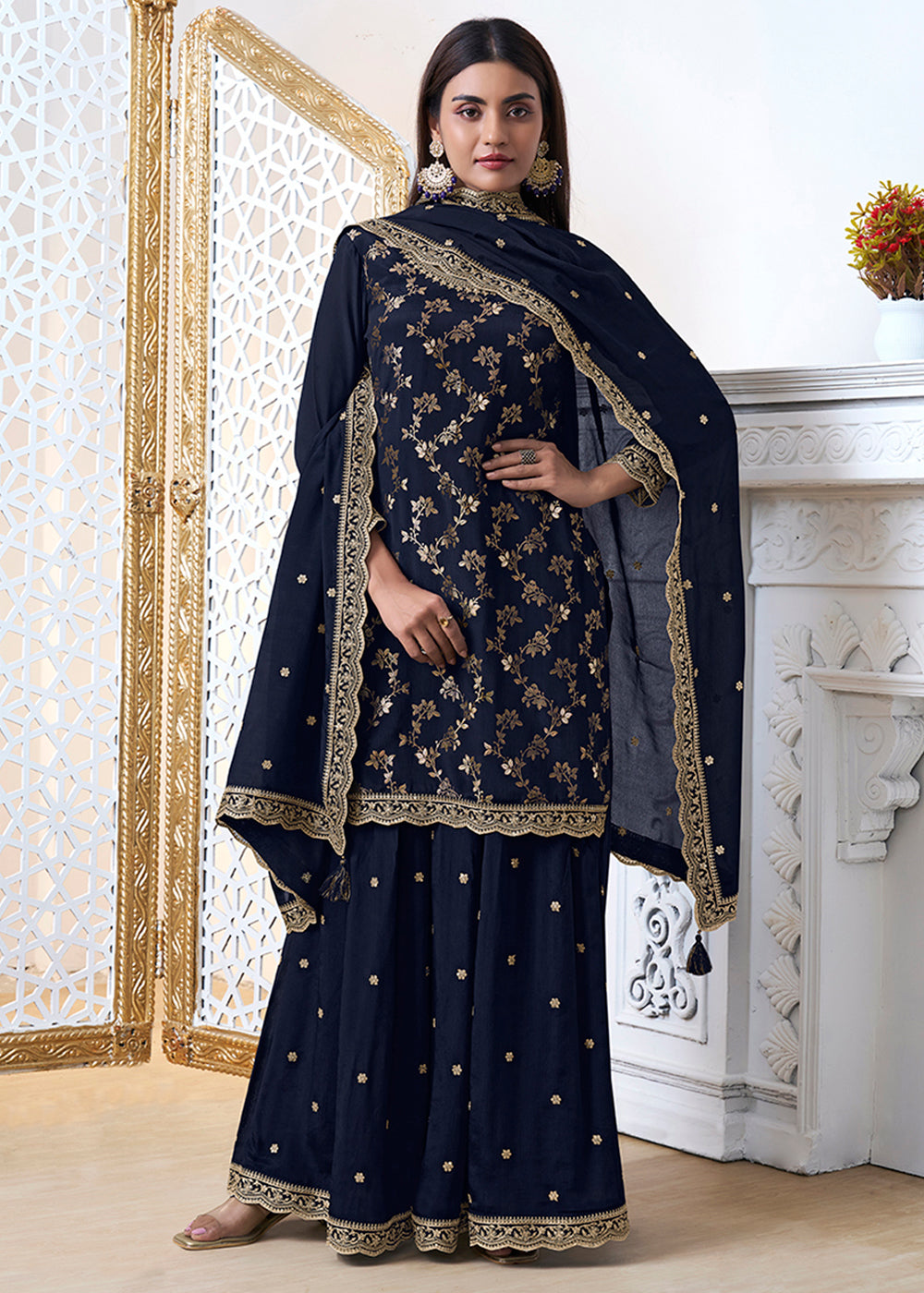 Jacquard Chinon Fabric with Jaal Work & Embroidered Ready to wear Sharara & Kurta Set