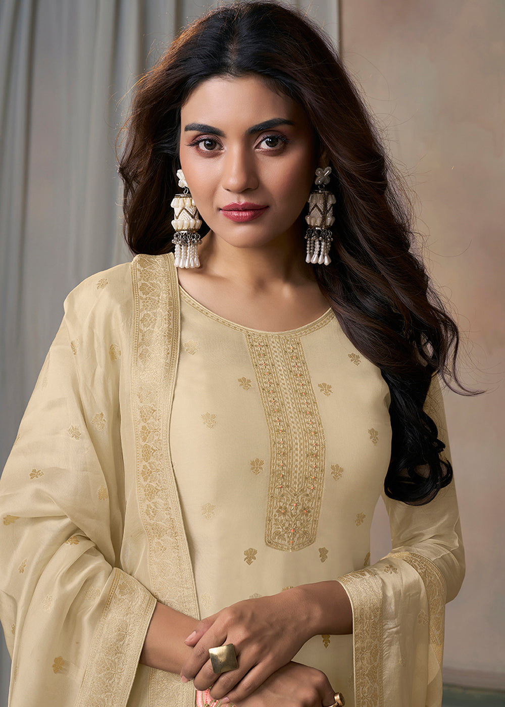 Off-White Organza with Jacquard weave Reay to wear Salwar & Kurta Set