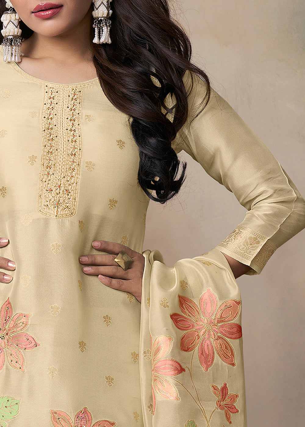 Off-White Organza with Jacquard weave Reay to wear Salwar & Kurta Set