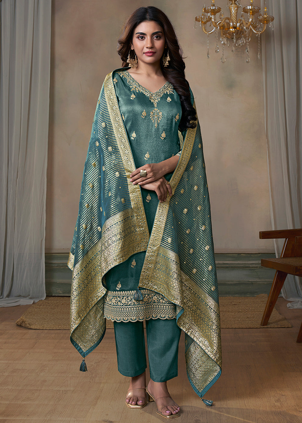 Tissue Fabric with Pitta Work Reay to wear Salwar & Kurta Set