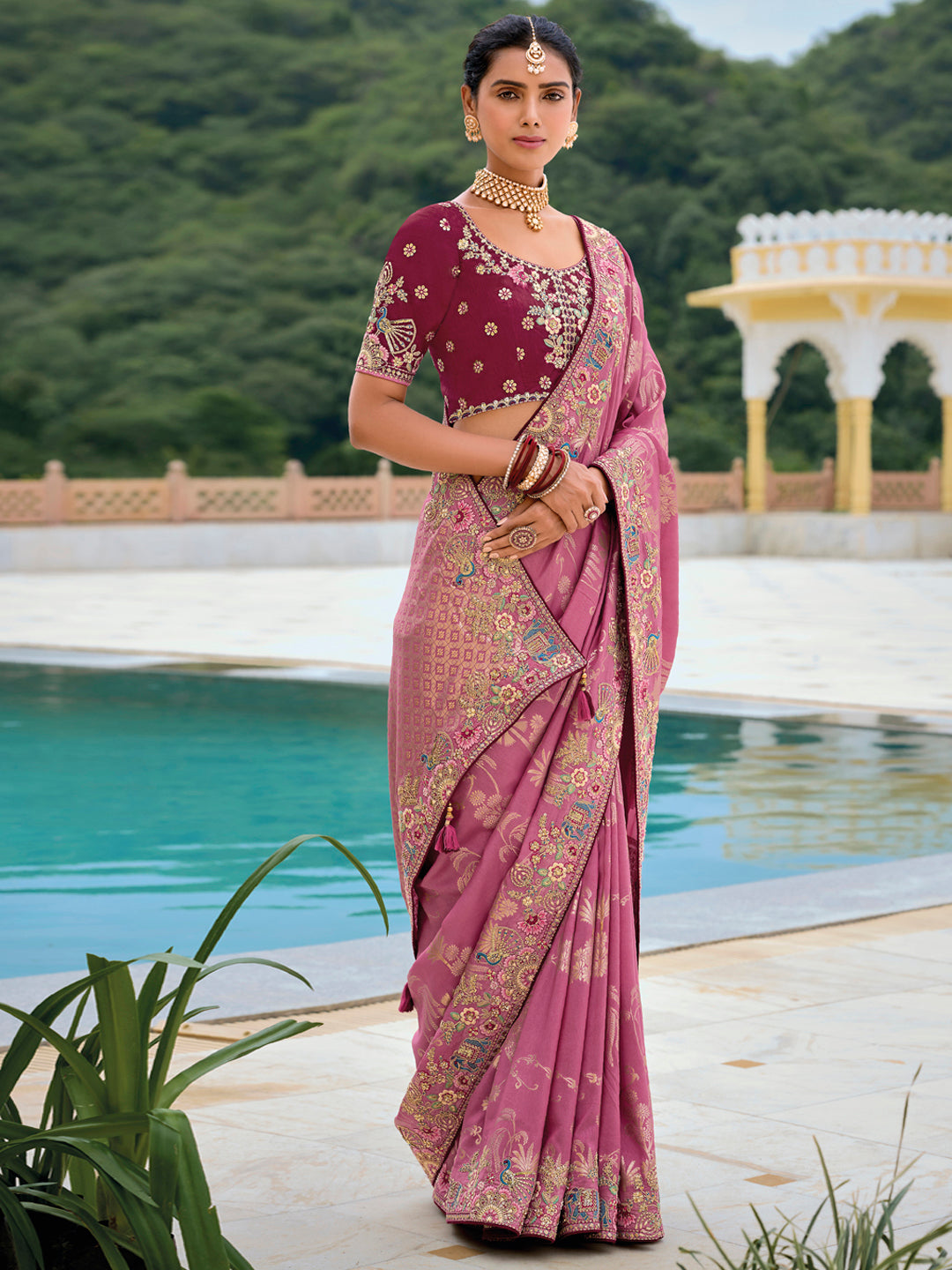 Rosegold Color Pure Dola Silk Patch Work Border Embroiderey Saree with Contrast Blouse