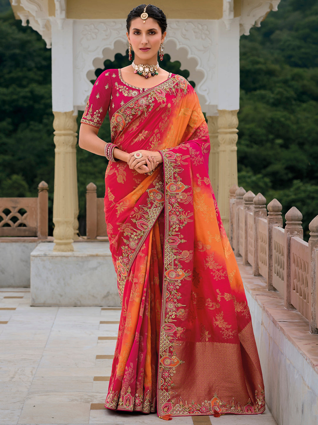 Orange-Rose Color Shaded Pure Dola Silk Patch Work Border Embroiderey Saree