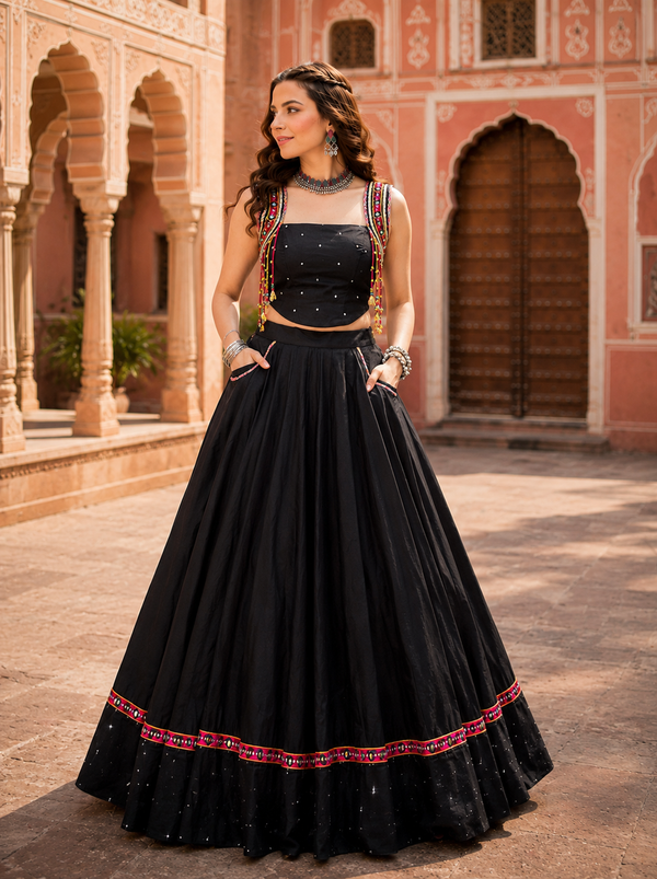 Black Pure Cotton Navratri Designer Ready To Wear Lehenga choli houseofpanchhi