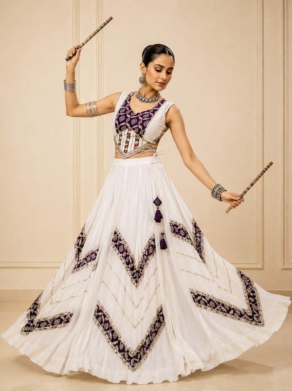 White color Navratri Designer Ready To Wear Lehenga Set houseofpanchhi