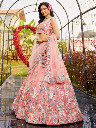 Orange Color Organza Golden Silver Sequin,Threaded,Zarkan Embroidered Semi-Stitched Lehenga choli