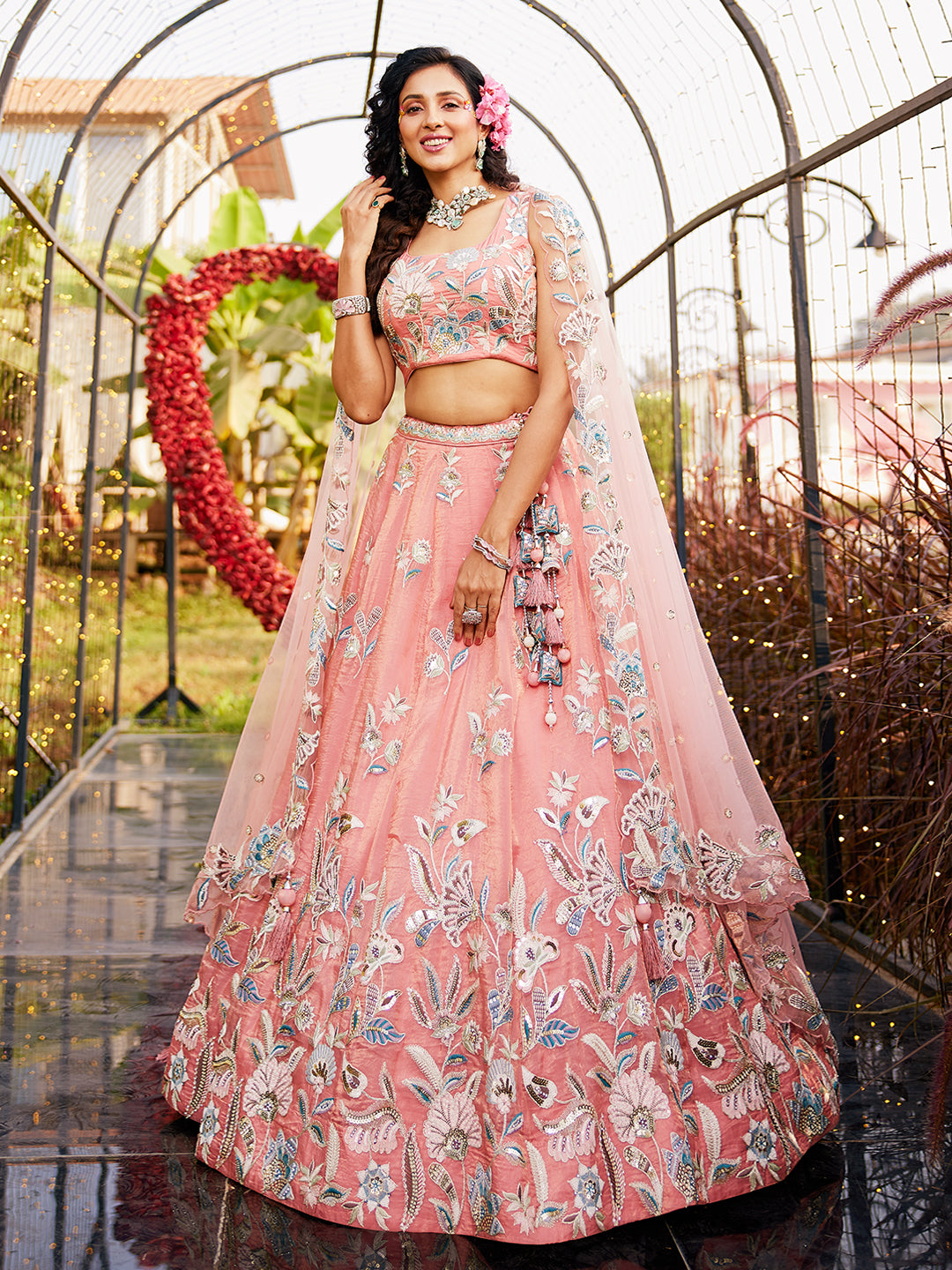 Orange Color Organza Golden Silver Sequin,Threaded,Zarkan Embroidered Semi-Stitched Lehenga choli