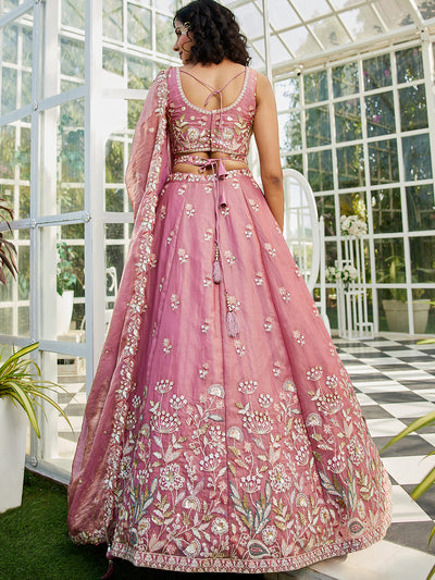 Tissue Fabric Using Golden Color Sequin,Multi-Thread Semi-Stitched Lehenga Choli