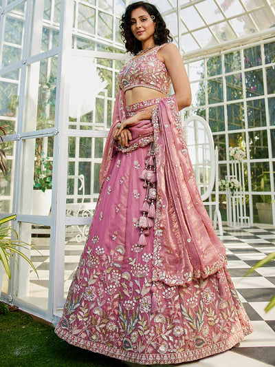 Tissue Fabric Using Golden Color Sequin,Multi-Thread Semi-Stitched Lehenga Choli