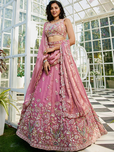 Tissue Fabric Using Golden Color Sequin,Multi-Thread Semi-Stitched Lehenga Choli