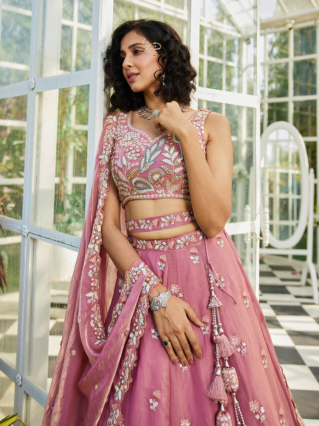 Tissue Fabric Using Golden Color Sequin,Multi-Thread Semi-Stitched Lehenga Choli