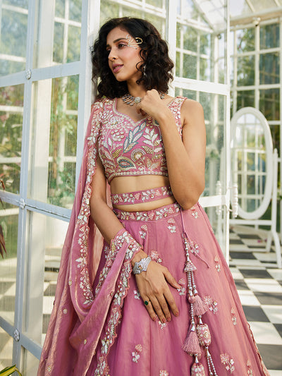 Tissue Fabric Using Golden Color Sequin,Multi-Thread Semi-Stitched Lehenga Choli