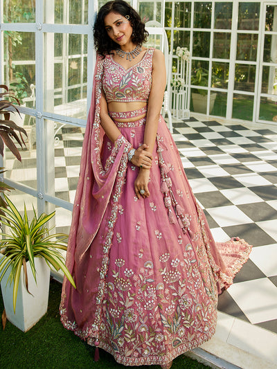 Tissue Fabric Using Golden Color Sequin,Multi-Thread Semi-Stitched Lehenga Choli