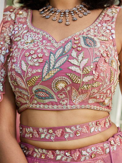 Tissue Fabric Using Golden Color Sequin,Multi-Thread Semi-Stitched Lehenga Choli