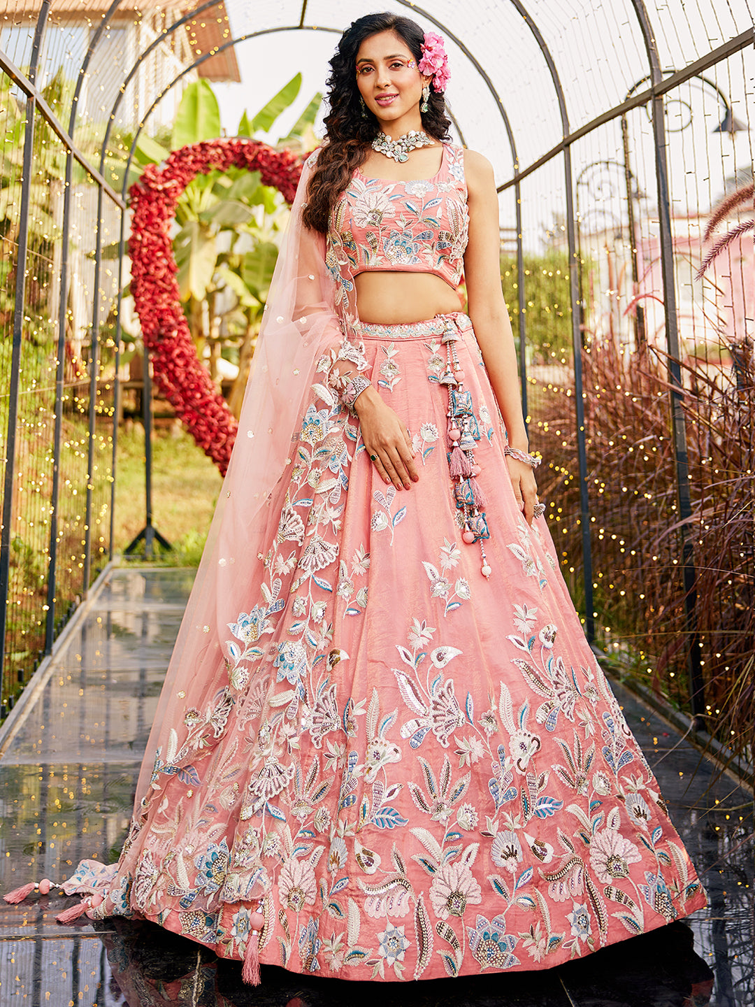 Orange Color Organza Golden Silver Sequin,Threaded,Zarkan Embroidered Semi-Stitched Lehenga choli