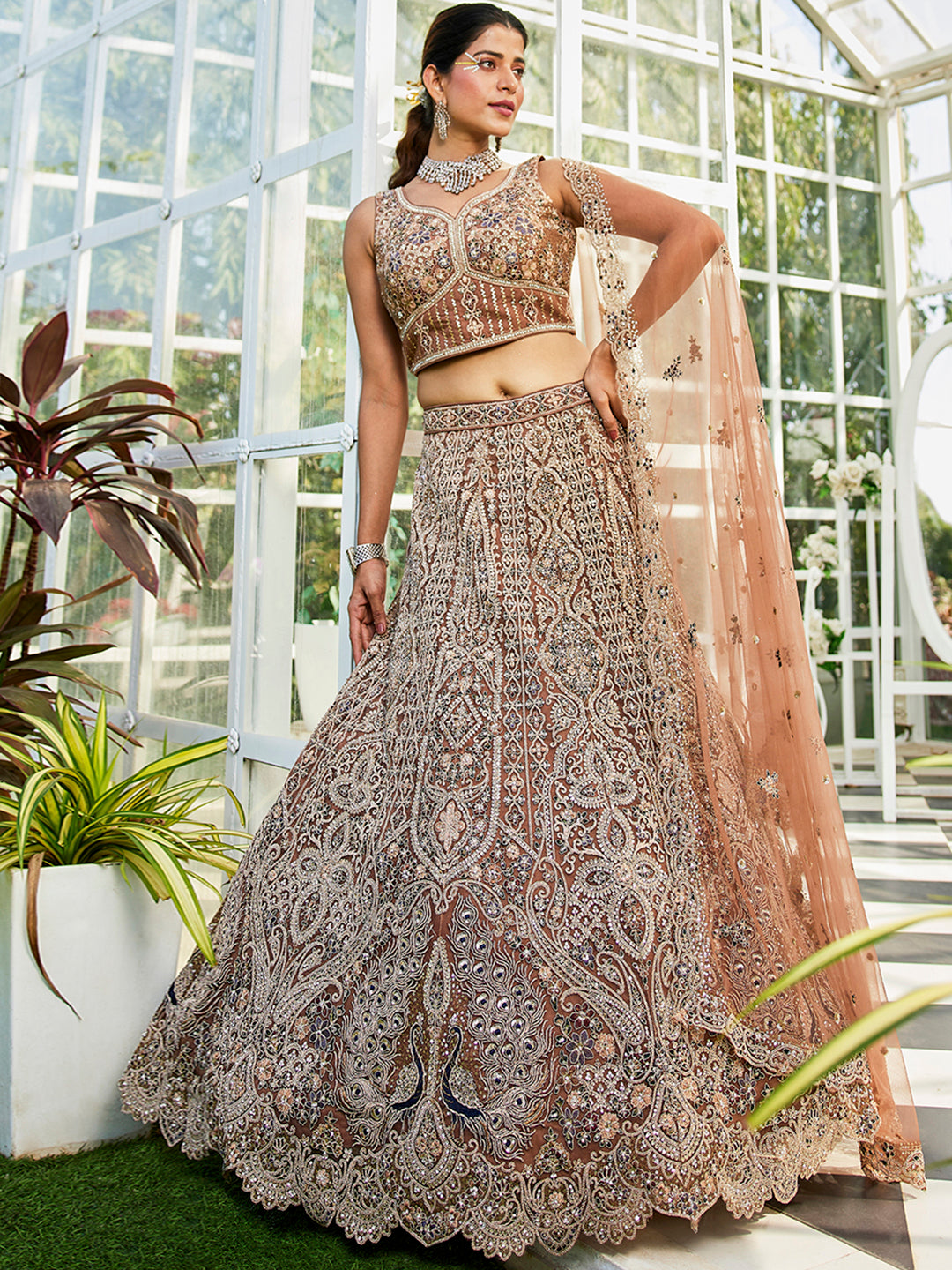 Brown Color Dull-Golden Sequin,Zarkan Heavy Embroidered Net Semi-Stitched Lehenga Choli