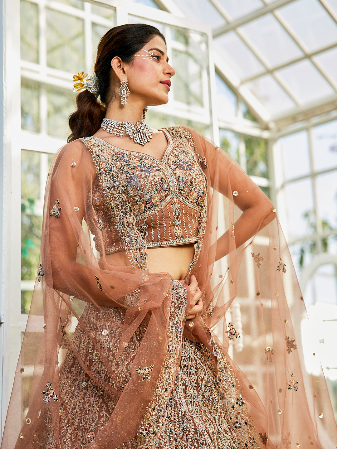 Brown Color Dull-Golden Sequin,Zarkan Heavy Embroidered Net Semi-Stitched Lehenga Choli