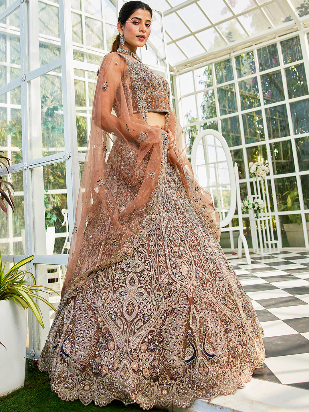 Brown Color Dull-Golden Sequin,Zarkan Heavy Embroidered Net Semi-Stitched Lehenga Choli