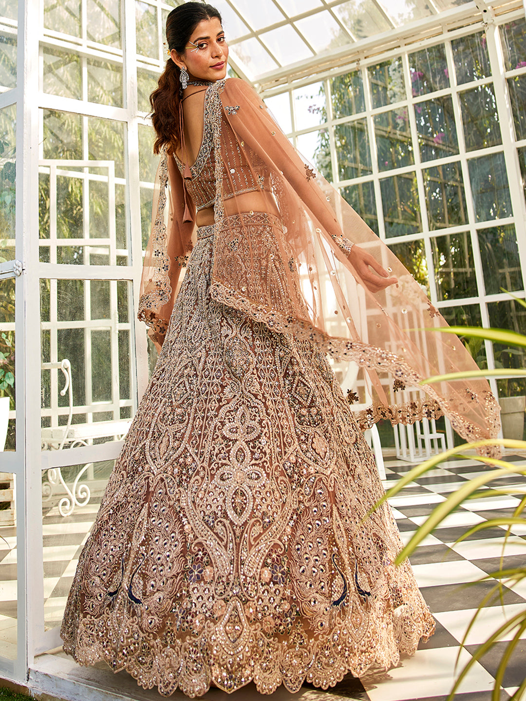 Brown Color Dull-Golden Sequin,Zarkan Heavy Embroidered Net Semi-Stitched Lehenga Choli