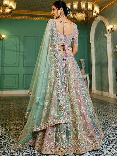 Multi-Color Bridal Net Gotta Patti,Sequins, Moti, Mirror and Thread embroidery Semi-Stitched Lehenga