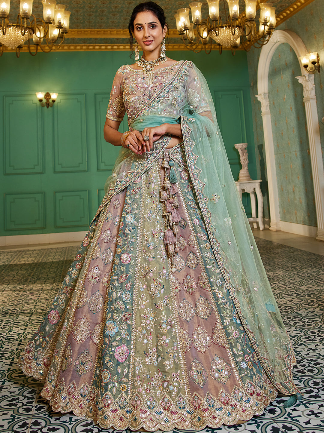 Multi-Color Bridal Net Gotta Patti,Sequins, Moti, Mirror and Thread embroidery Semi-Stitched Lehenga