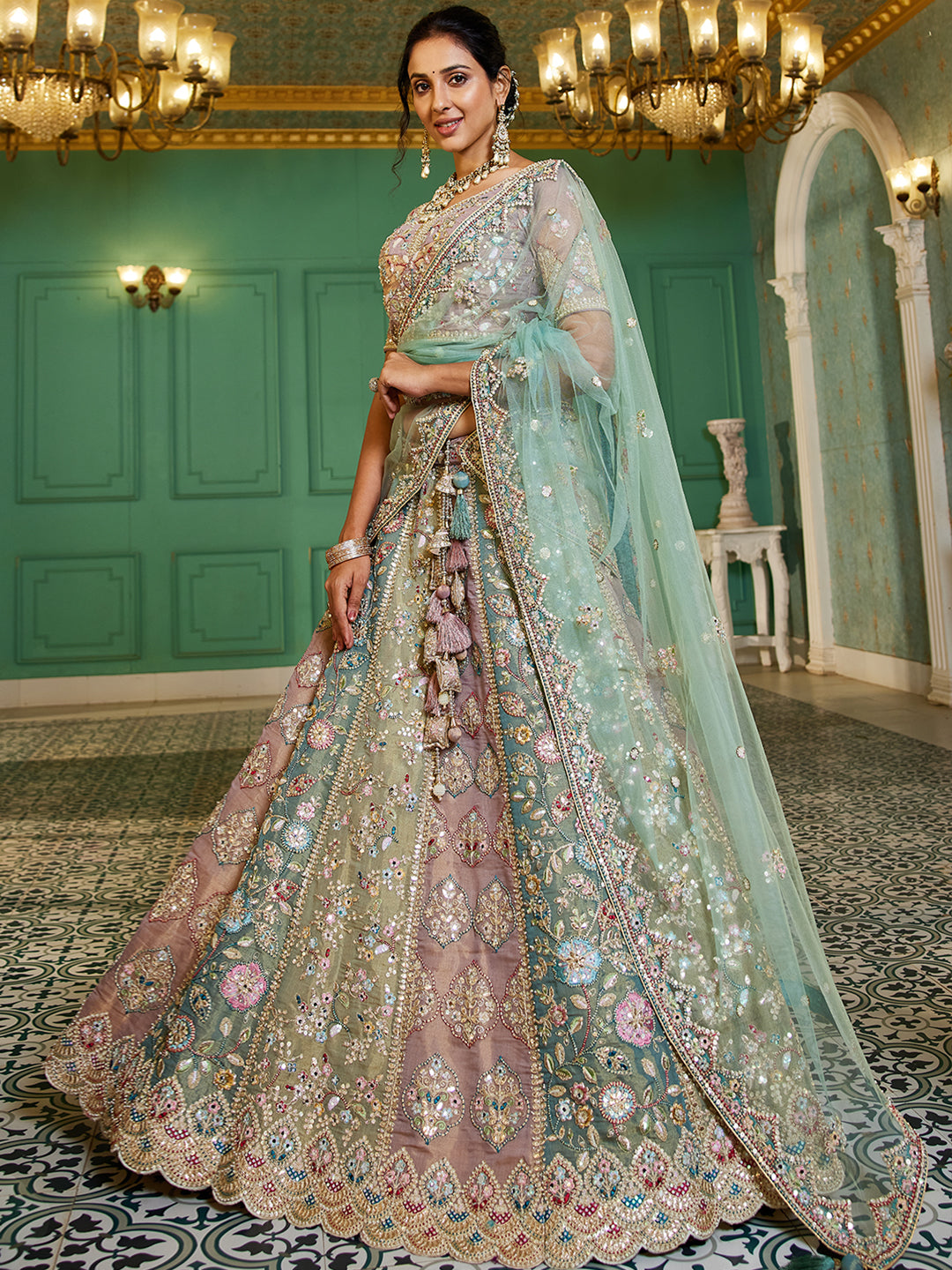 Multi-Color Bridal Net Gotta Patti,Sequins, Moti, Mirror and Thread embroidery Semi-Stitched Lehenga