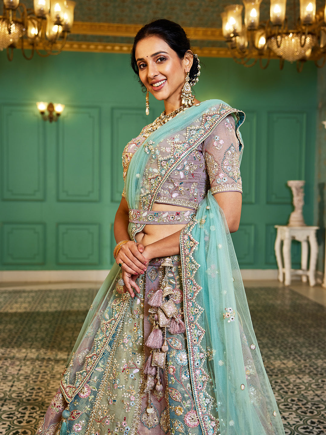 Multi-Color Bridal Net Gotta Patti,Sequins, Moti, Mirror and Thread embroidery Semi-Stitched Lehenga