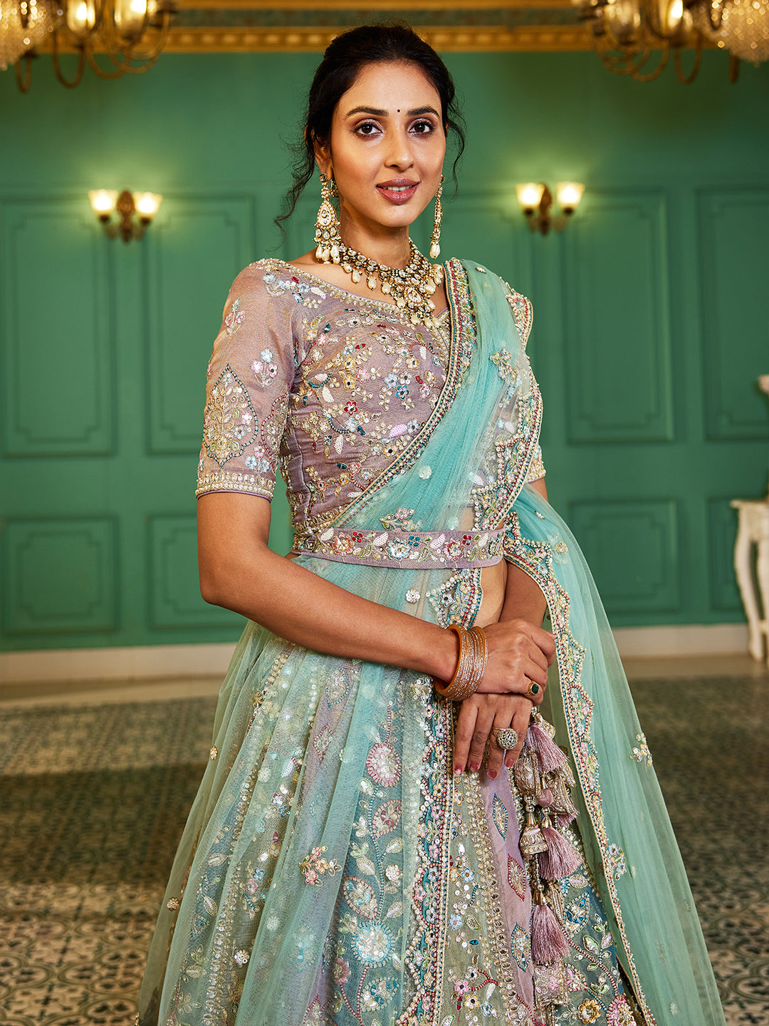 Multi-Color Bridal Net Gotta Patti,Sequins, Moti, Mirror and Thread embroidery Semi-Stitched Lehenga