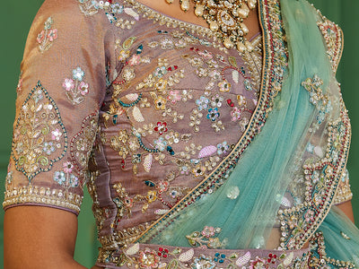 Multi-Color Bridal Net Gotta Patti,Sequins, Moti, Mirror and Thread embroidery Semi-Stitched Lehenga