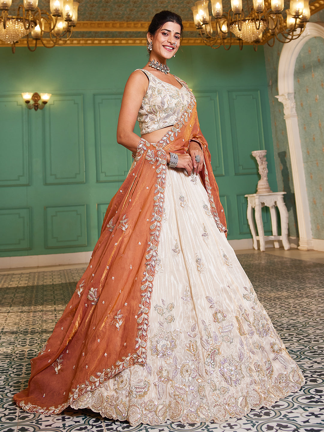 Tissue Fabric with Sequinse & Thread embroidery Semi-Stitched Lehenga choli & Dupatta