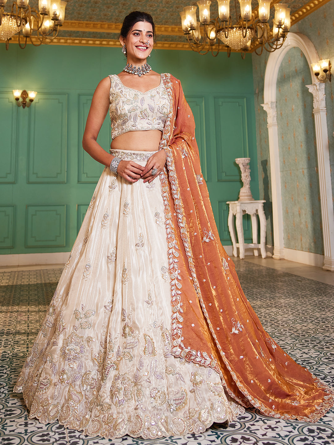 Tissue Fabric with Sequinse & Thread embroidery Semi-Stitched Lehenga choli & Dupatta