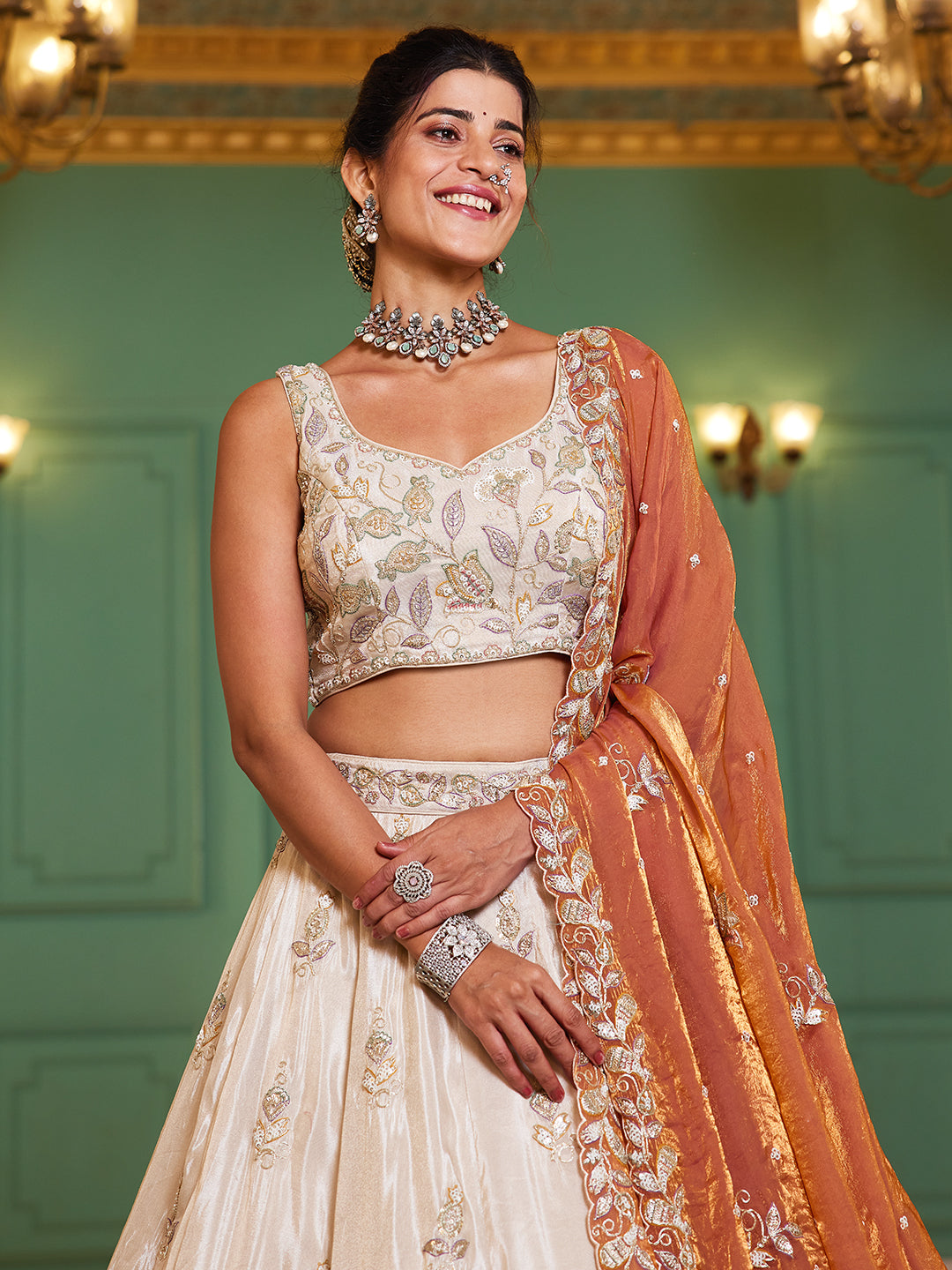 Tissue Fabric with Sequinse & Thread embroidery Semi-Stitched Lehenga choli & Dupatta