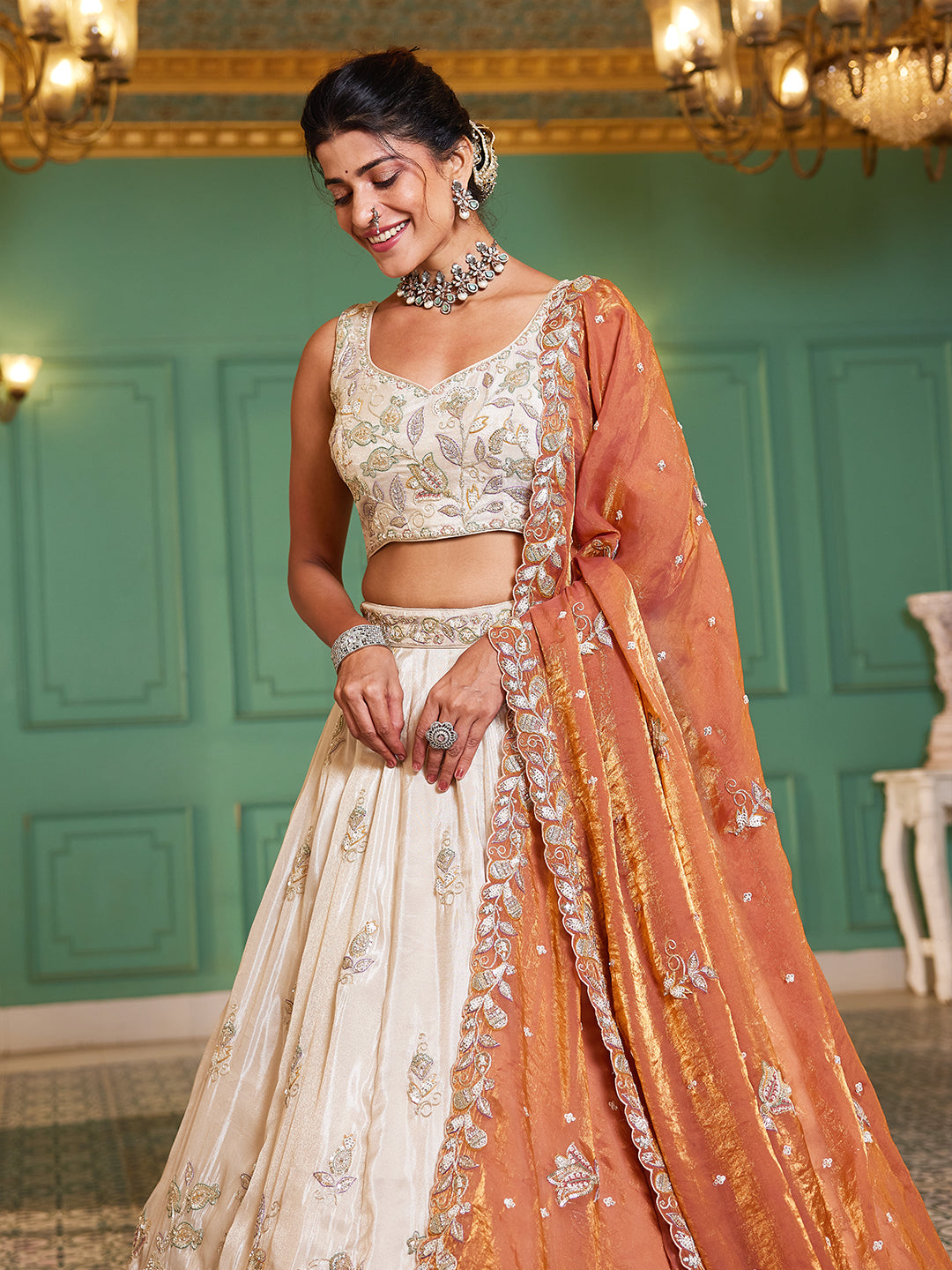 Tissue Fabric with Sequinse & Thread embroidery Semi-Stitched Lehenga choli & Dupatta