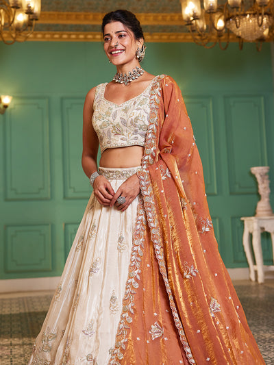 Tissue Fabric with Sequinse & Thread embroidery Semi-Stitched Lehenga choli & Dupatta