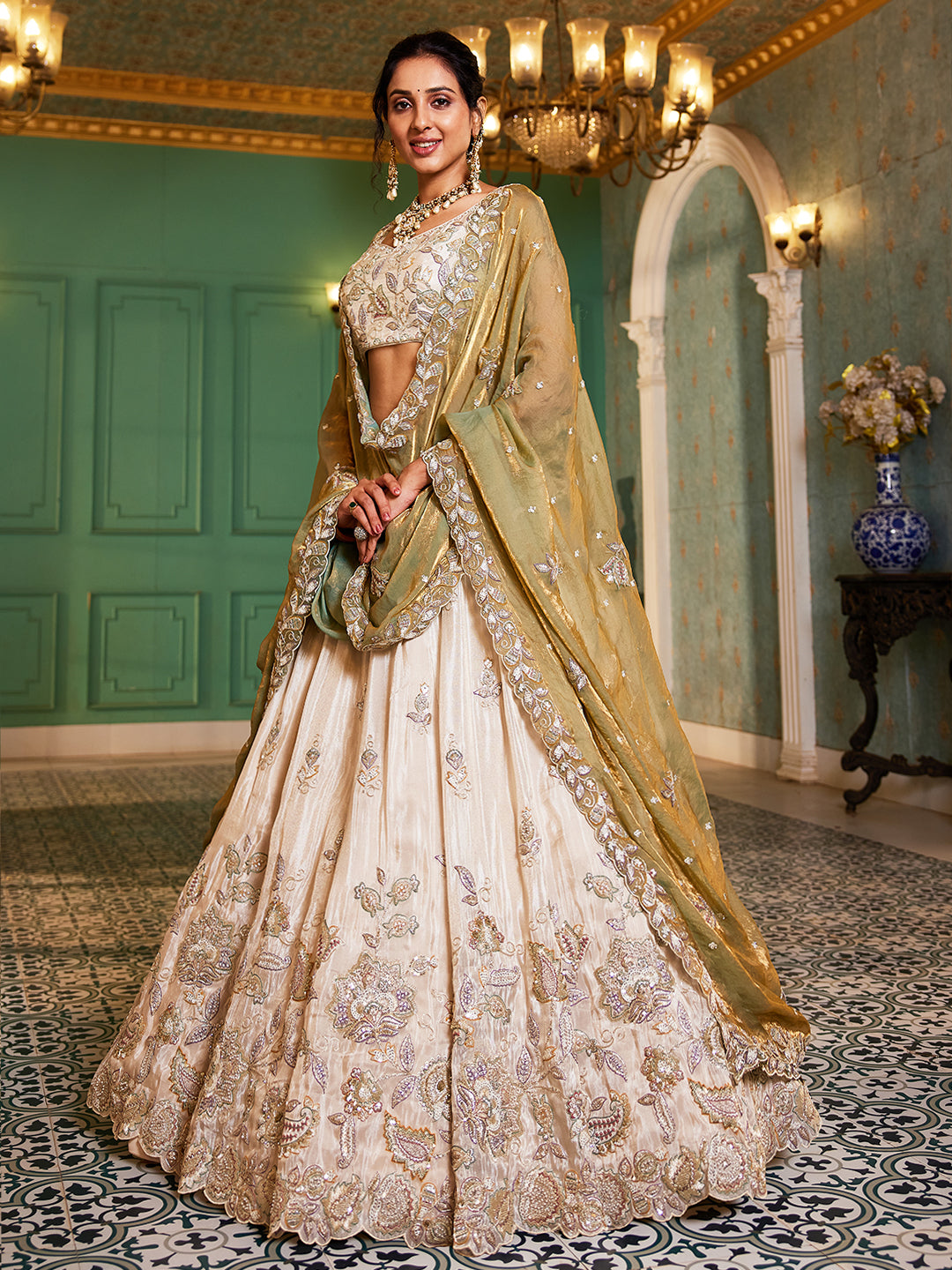 Tissue Fabric with Sequinse & Thread embroidery Semi-Stitched Lehenga choli & Dupatta