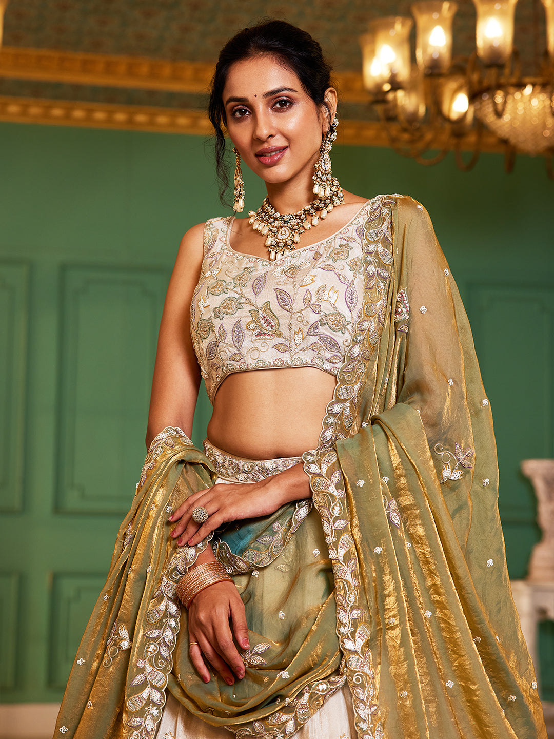 Tissue Fabric with Sequinse & Thread embroidery Semi-Stitched Lehenga choli & Dupatta