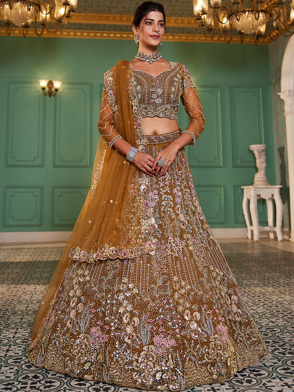 Net Heavy Embroidered Multi-Color Sequins Work Using Zarkan & Mirror Semi-Stitched Lehenga Choli