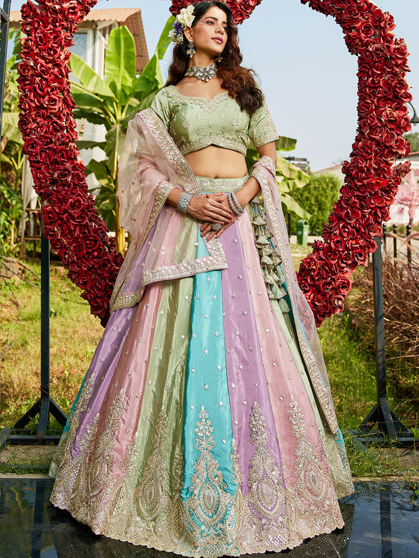 Multi Color Kali Satin Silk Golden Sequined,Thread,Coding Embroidered Semi-Stitched Lehenga choli