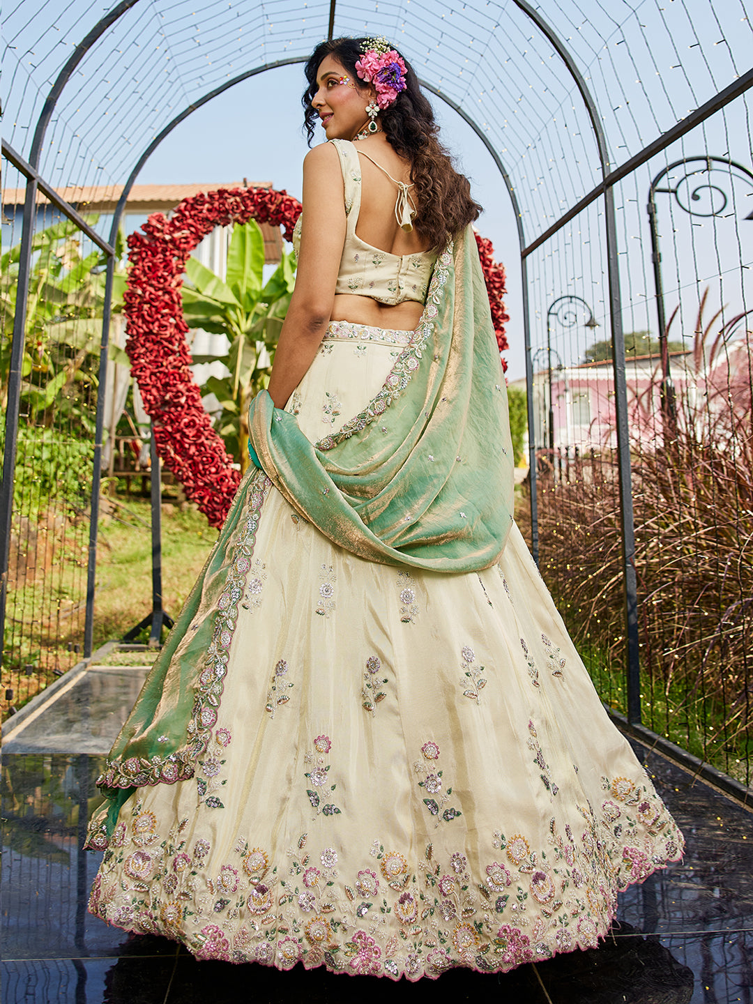 Tissue Fabric with Sequinse & Thread embroidery Semi-Stitched Lehenga choli & Dupatta