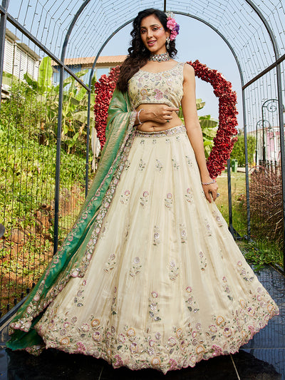 Tissue Fabric with Sequinse & Thread embroidery Semi-Stitched Lehenga choli & Dupatta