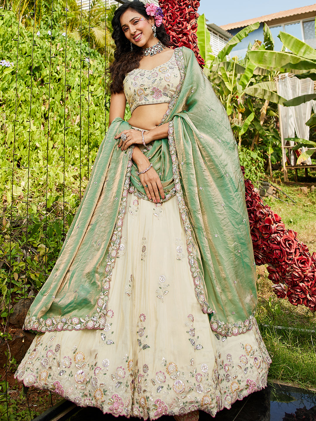 Tissue Fabric with Sequinse & Thread embroidery Semi-Stitched Lehenga choli & Dupatta