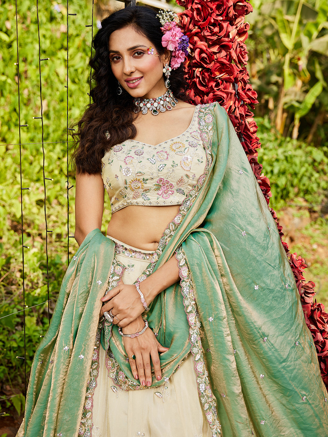 Tissue Fabric with Sequinse & Thread embroidery Semi-Stitched Lehenga choli & Dupatta