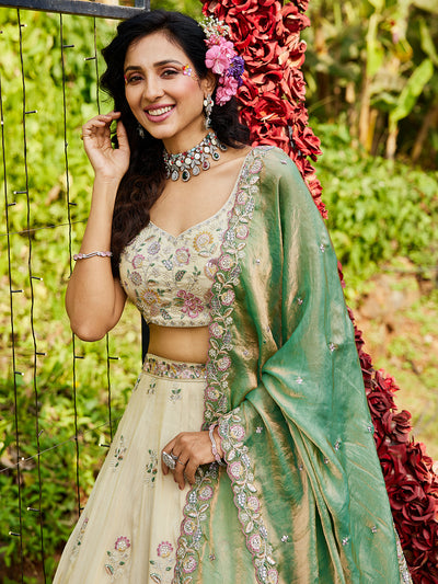 Tissue Fabric with Sequinse & Thread embroidery Semi-Stitched Lehenga choli & Dupatta