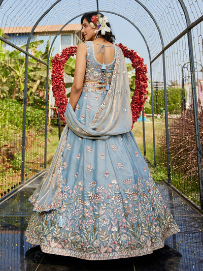 Tissue Fabric Using Golden Color Sequin,Multi-Thread Semi-Stitched Lehenga Choli