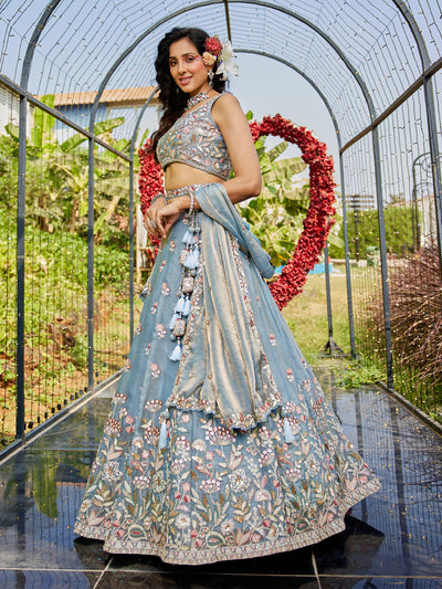 Tissue Fabric Using Golden Color Sequin,Multi-Thread Semi-Stitched Lehenga Choli