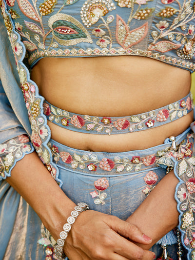 Tissue Fabric Using Golden Color Sequin,Multi-Thread Semi-Stitched Lehenga Choli