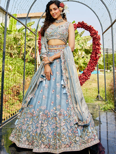 Tissue Fabric Using Golden Color Sequin,Multi-Thread Semi-Stitched Lehenga Choli