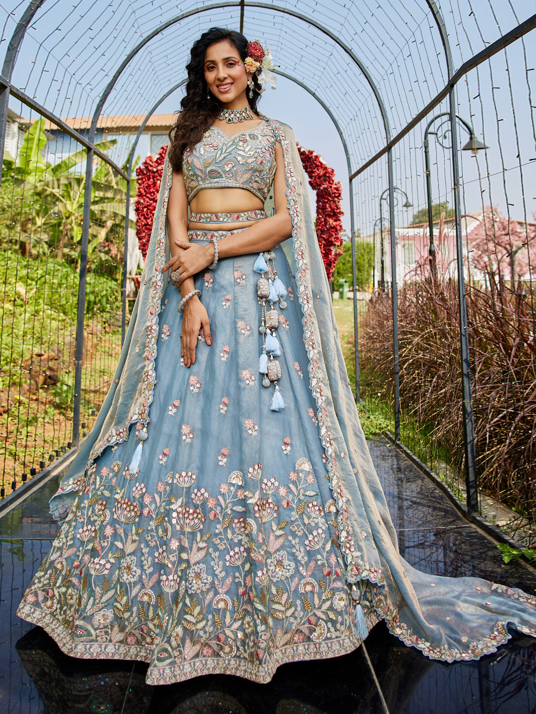 Tissue Fabric Using Golden Color Sequin,Multi-Thread Semi-Stitched Lehenga Choli