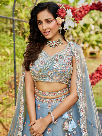 Tissue Fabric Using Golden Color Sequin,Multi-Thread Semi-Stitched Lehenga Choli