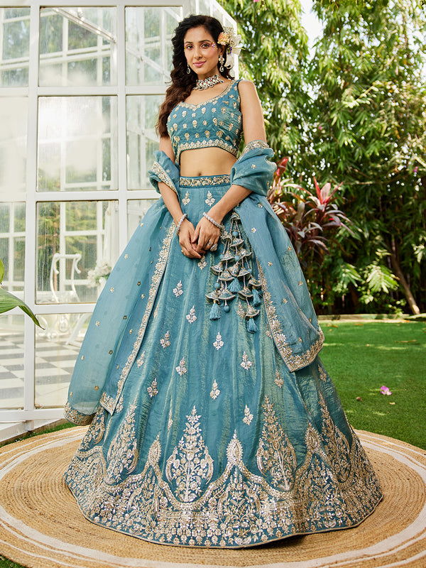 Golden Sequin-Thread, Moti Embroidered Organza Semi-Stitched Lehenga choli